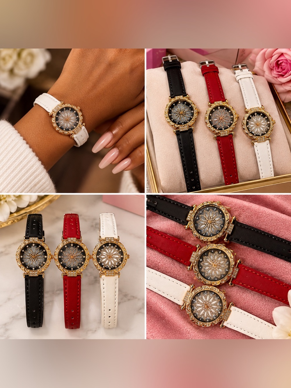 Elegant Floral Crystal Dial Leather Strap Watch - available in White, Red, Black